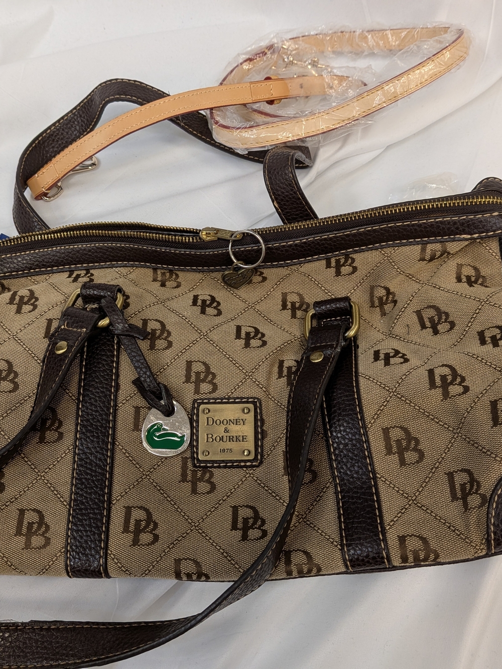 Dooney & Bourke Brown Tan Signature Logo Satchel with Charm